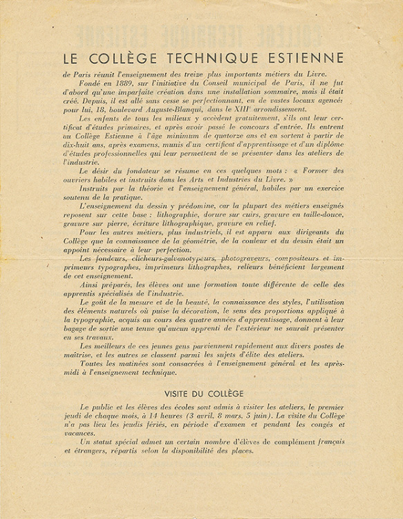 Charte du Collège technique Estienne 1953