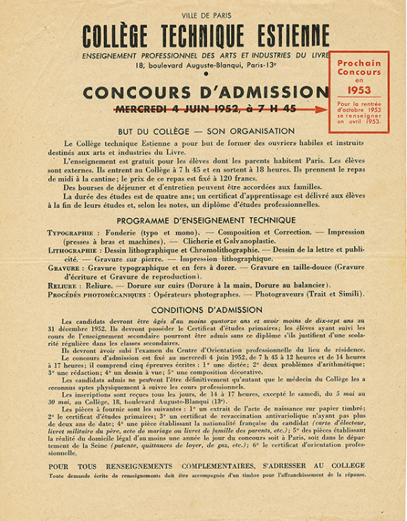 Collège technique Estienne - Concours d'admission 1953