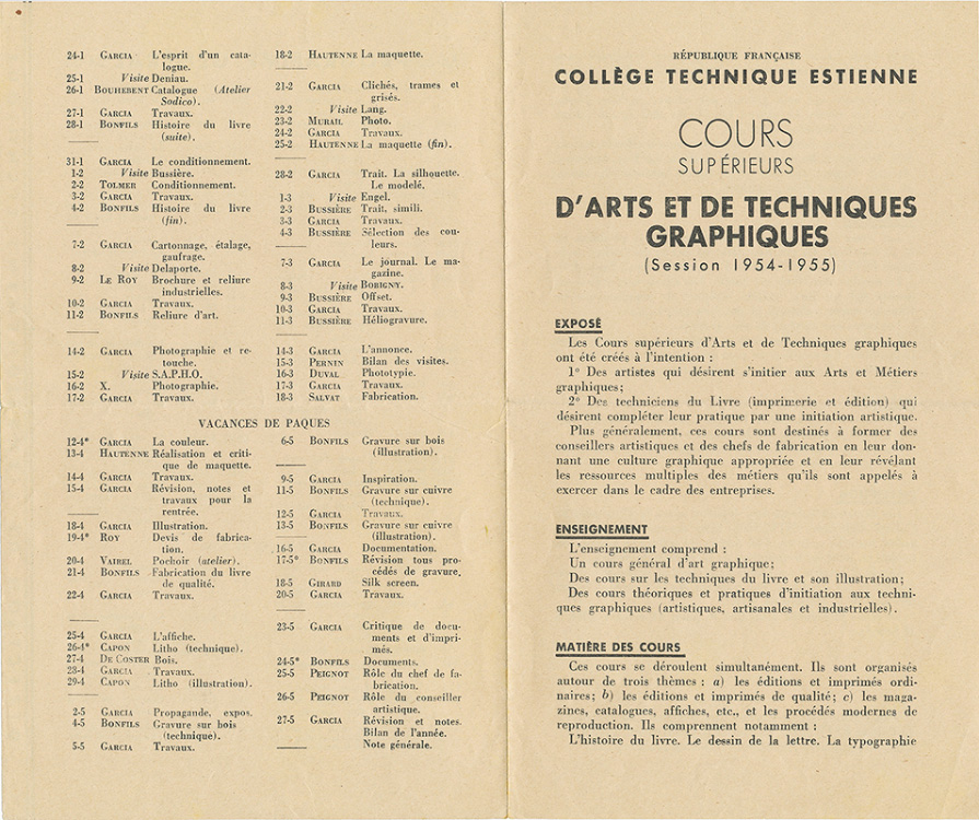 Collègue technique Estienne - Présentation du Cours Supérieurs d'Arts et de Techniques Graphiques 1954