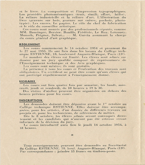 Collègue technique Estienne 1954-55 - Programme des Cours d'Arts et de Techniques Graphiques
