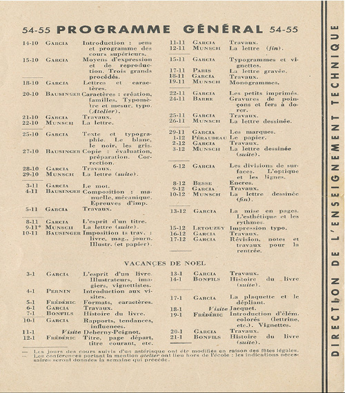 Collègue technique Estienne 1954-55 - Programme des Cours d'Arts et de Techniques Graphiques