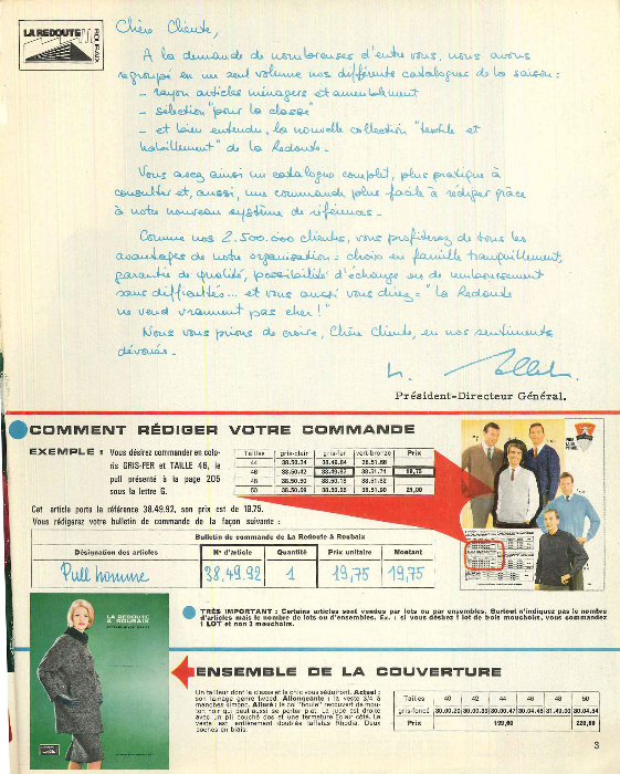 Page Une d’introduction. Texte de présentation manuscrit que la Direction m’avait demandé d’écrire parce qu’elle aimait bien mon écriture. Catalogue Automne-hiver 1964-65.