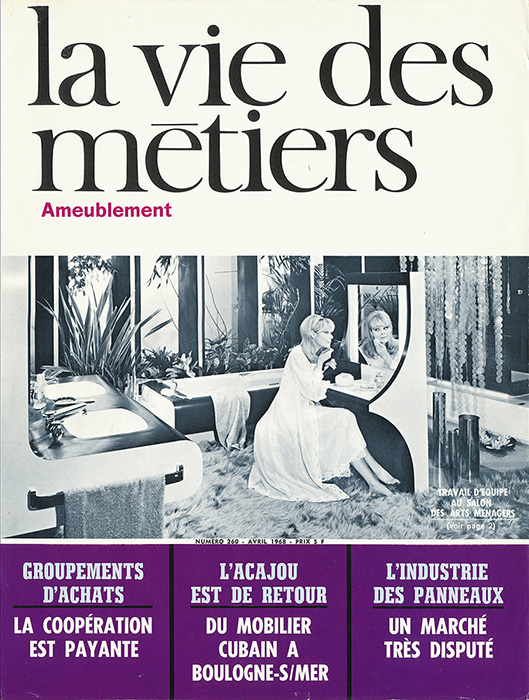 4. La vie des métiers - avril 1968 - Ameublement. Vraie bichromie, noir + cyan. Bel effet de rendu pour une photo noire.