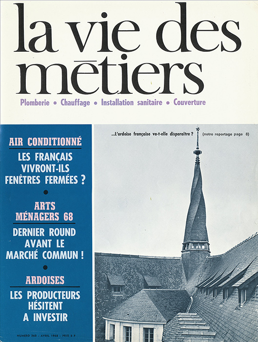 5. La vie des métiers - avril 1968 - Plomberie - chauffage - couverture. Vraie bichromie, noir + cyan. </br>Particulièrement adaptée pour un toit ardoise.