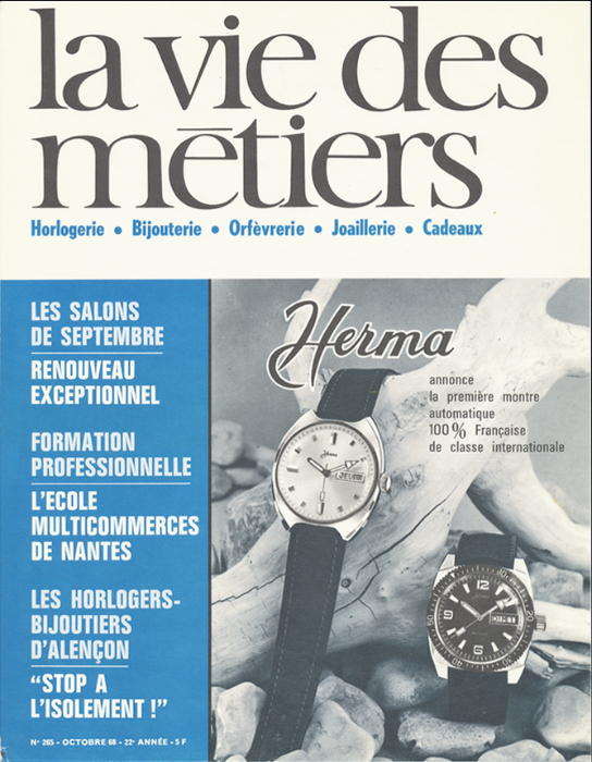 8. La vie des métiers - octobre 1968 - Bichromie particulièrement intéressante. </br>Les montres sont en noir seul entourées de bichromie bleutée.