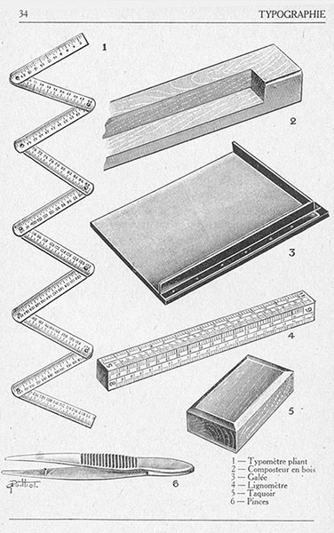 1 Typomètre pliant - 2 Composteur en bois - 3 Galée - 4 Lignomètre - 5 Taquoir - 6 Pinces